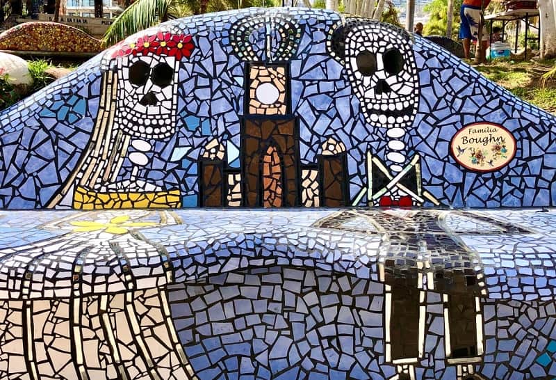 Mosaic bench styled with a Día de Muertos flair