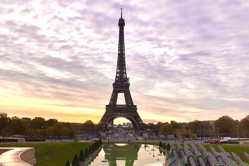The iconic Eiffel Tower at sunrise from the Trocadero